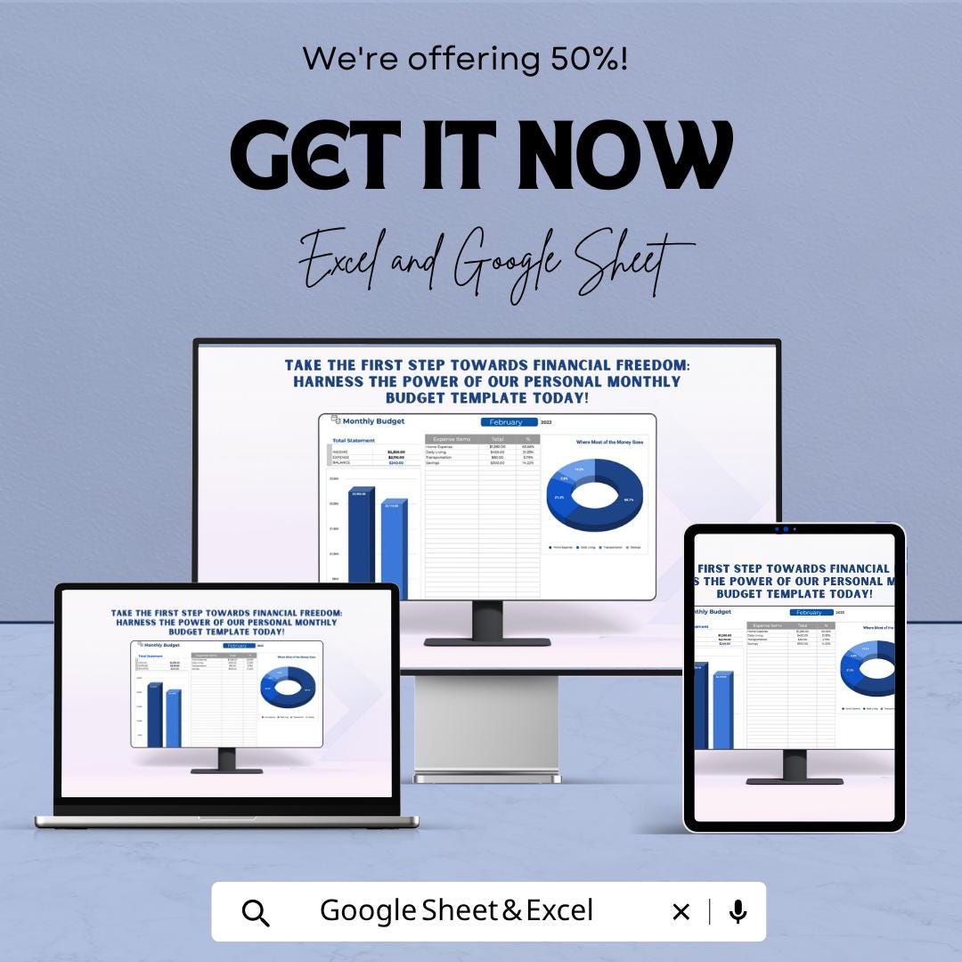 Personal Monthly Budget Template | Budget Planner Spreadsheet | Income & Expense Tracker | Personal Finance Dashboard