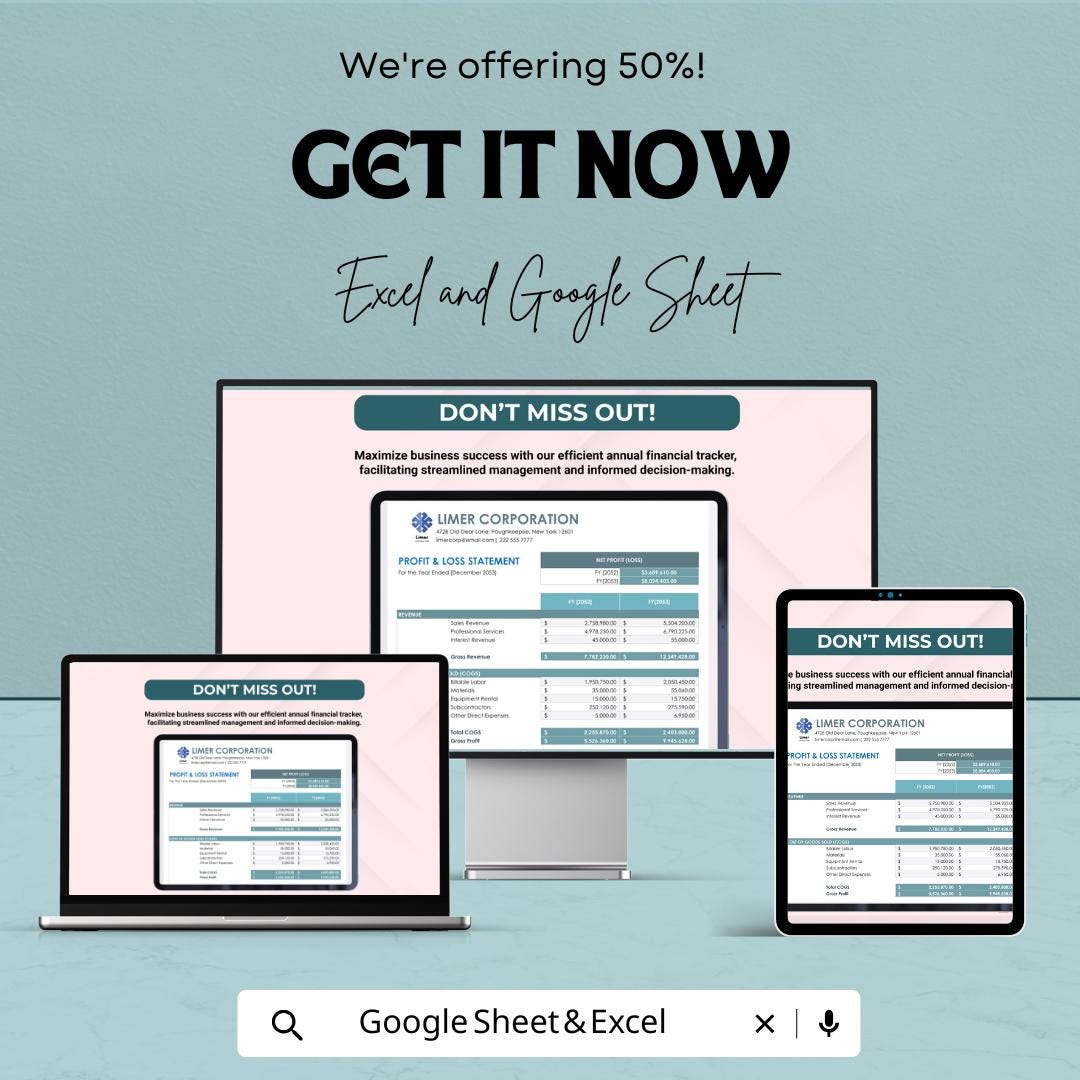 Annual Profit and Loss Template | Financial Statement | Income and Expense Tracker | Business Accounting Spreadsheet | P&L Report Template