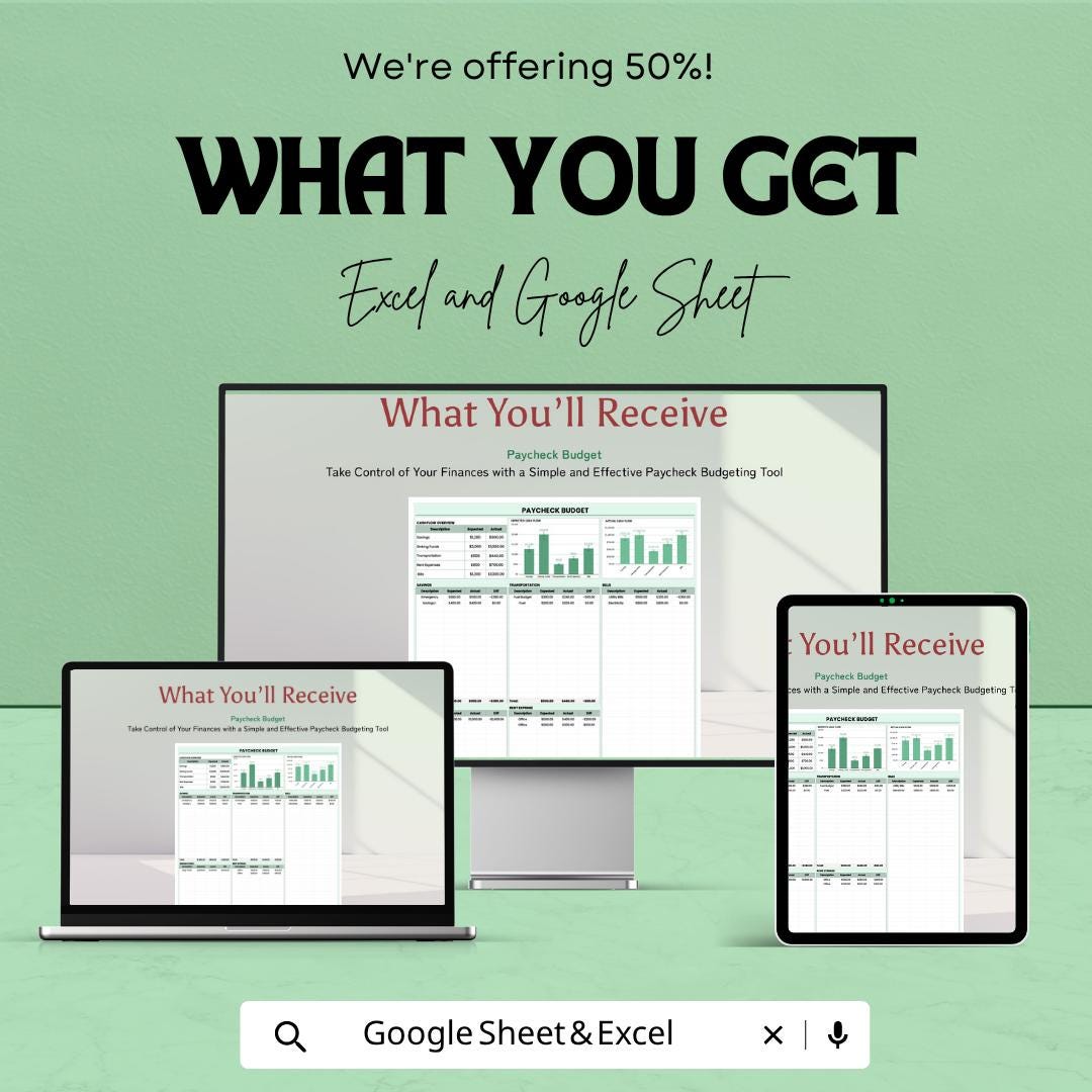 Paycheck Budget Template for Excel & Google Sheets | Monthly Budget Planner Spreadsheet | Personal Finance Tracker | Cash Flow Budget Sheet