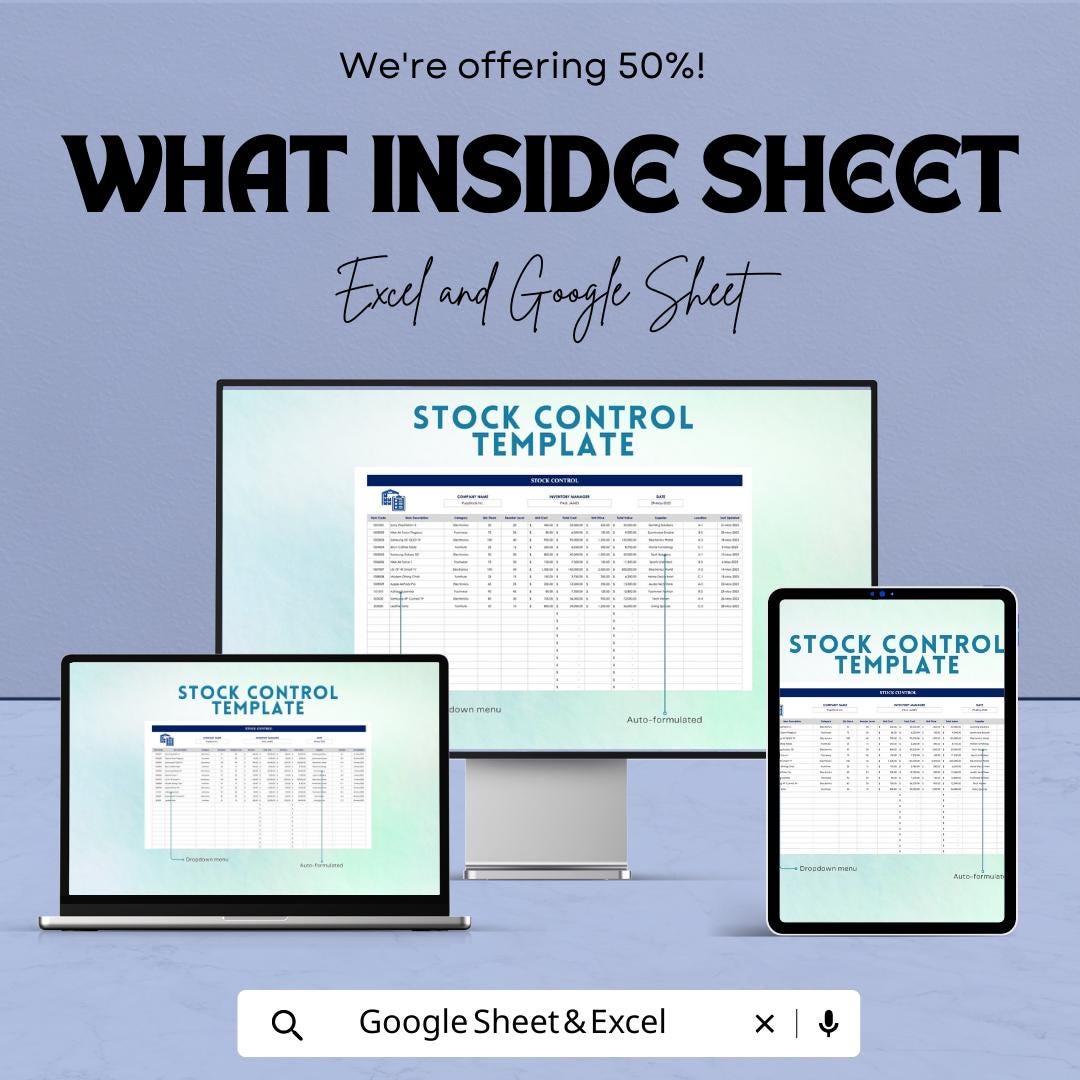 Stock Control Template Excel & Google Sheets | Inventory Management Spreadsheet | Stock Tracker for Small Business | Product Inventory Log