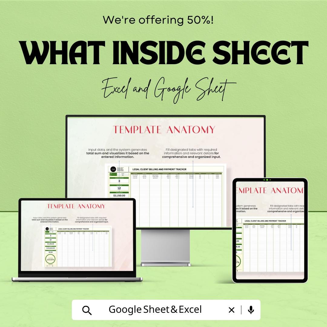 Legal Client Billing and Payment Tracker Template | Law Firm Invoice & Payment Tracking Spreadsheet | Excel and Google Sheets