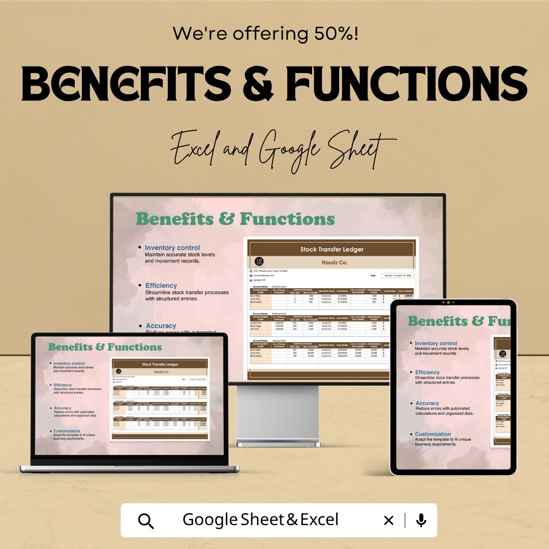 Stock Transfer Ledger Template Excel Google Sheets | Share Transfer Tracker | Corporate Stock Register | Shareholder Transfer Log |