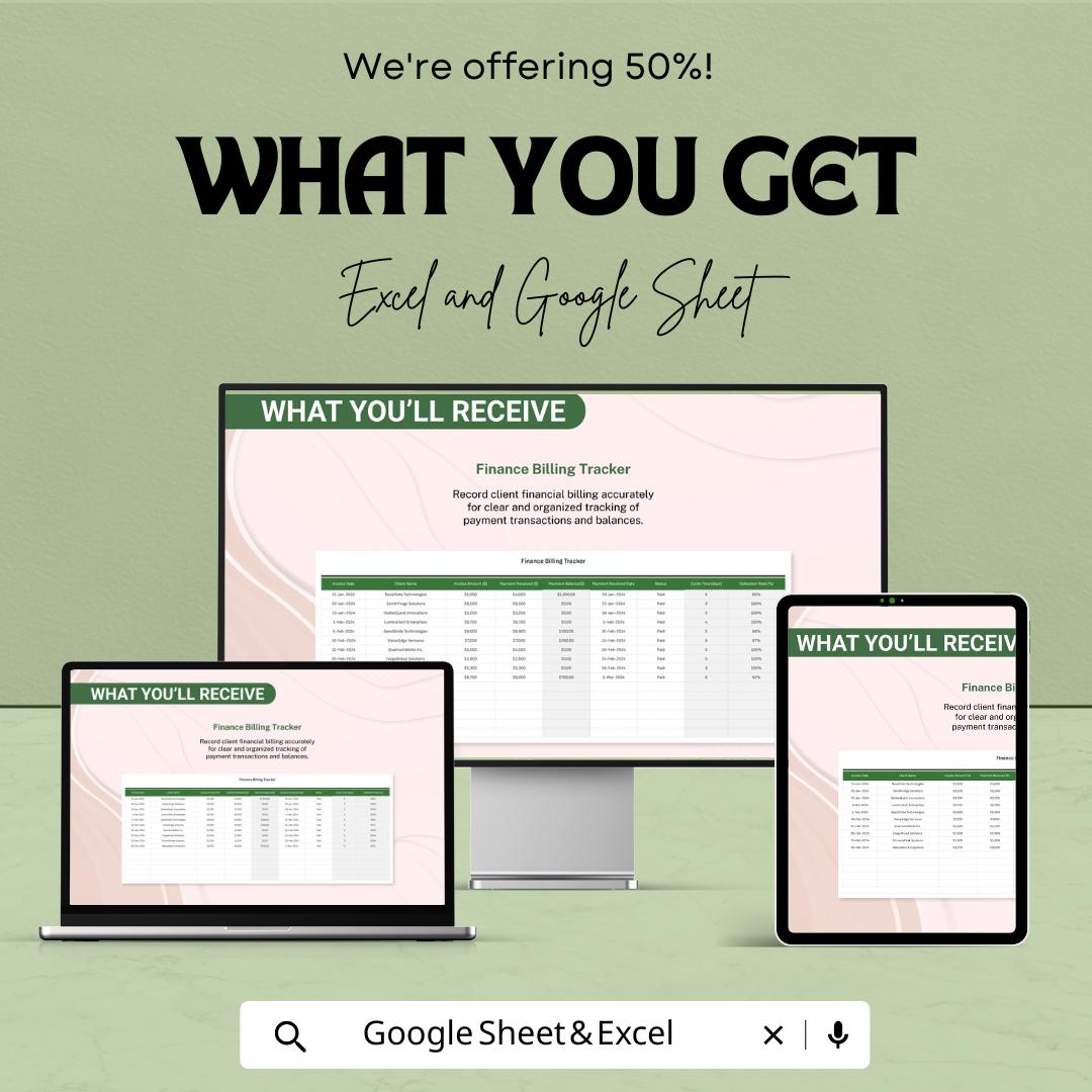 Finance Billing Efficiency Analysis Template | Billing Tracker Spreadsheet | Cash Flow Reporting Sheet | Financial Analysis Tool