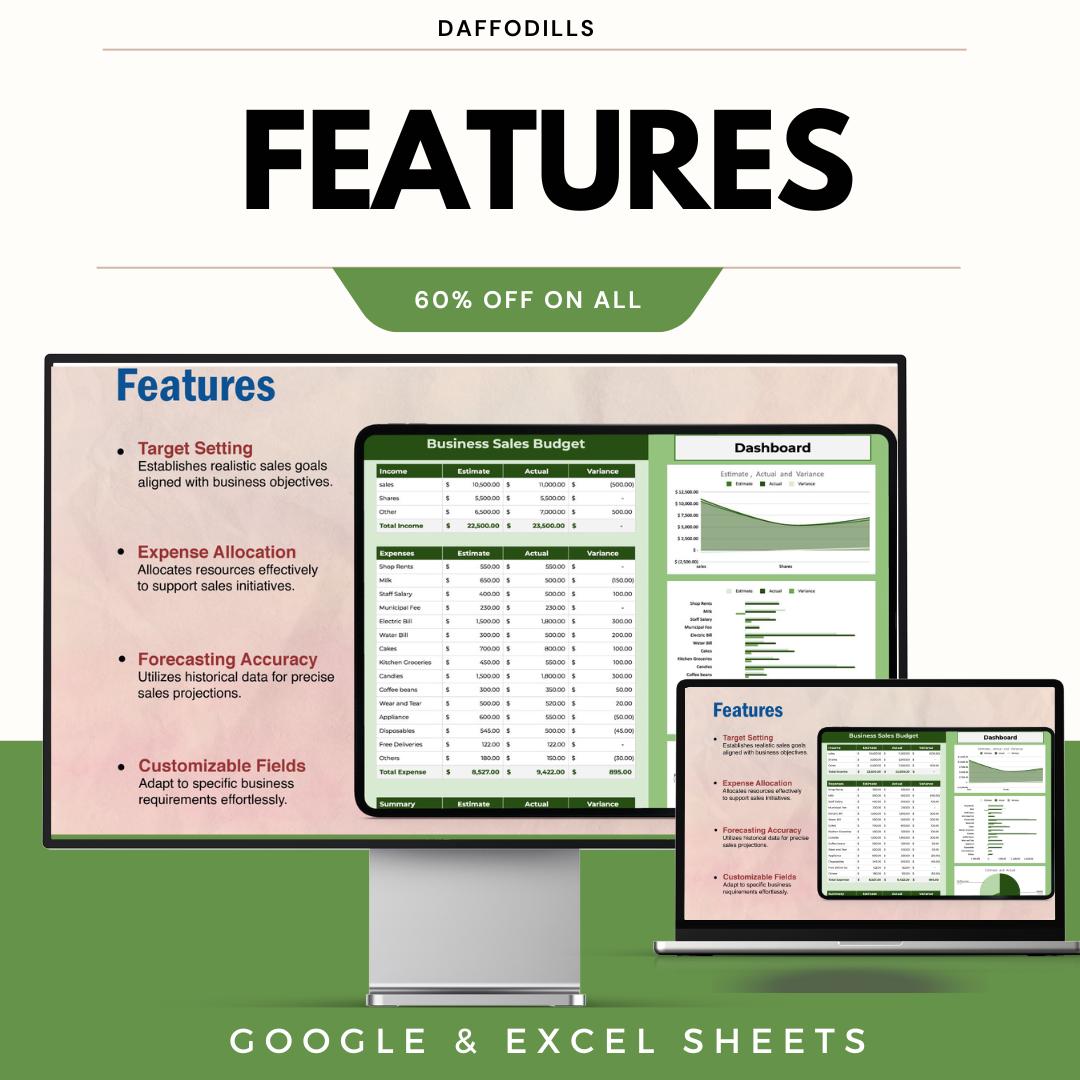 Business Sales Budget Template, Sales Budget Spreadsheet, Revenue and Expense Planner, Sales Performance Tracker, Google Sheets Excel