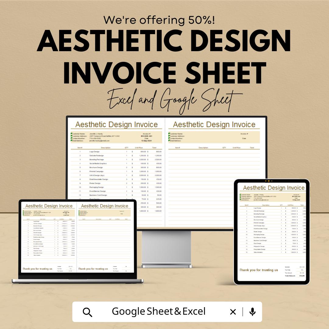 Aesthetic Design Invoice Template - Excel and Google Sheet, Professional Billing, Customizable, Track Expenses & Payments