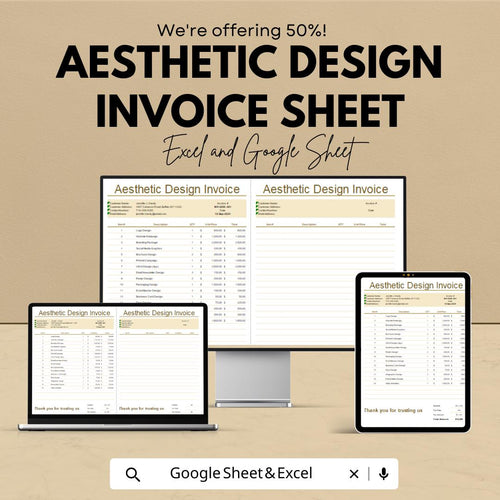 Aesthetic Design Invoice Template - Excel and Google Sheet, Professional Billing, Customizable, Track Expenses & Payments