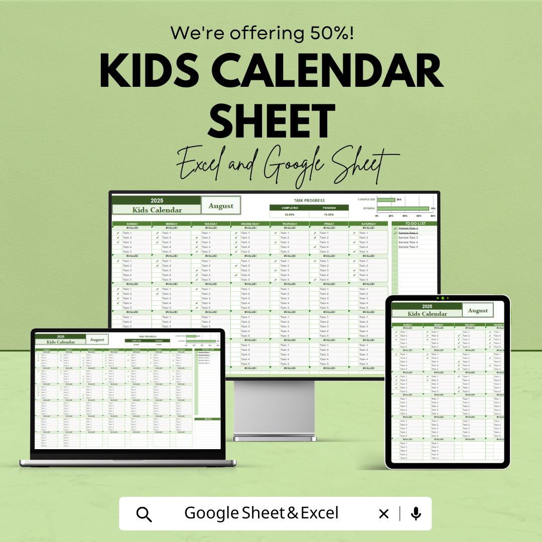 Kids Calendar Template | 2025 Calendar Sheet for Kids | Excel & Google Sheets | Customizable Kids Planner | Activity Tracker