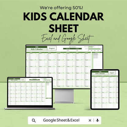 Kids Calendar Template | 2025 Calendar Sheet for Kids | Excel & Google Sheets | Customizable Kids Planner | Activity Tracker