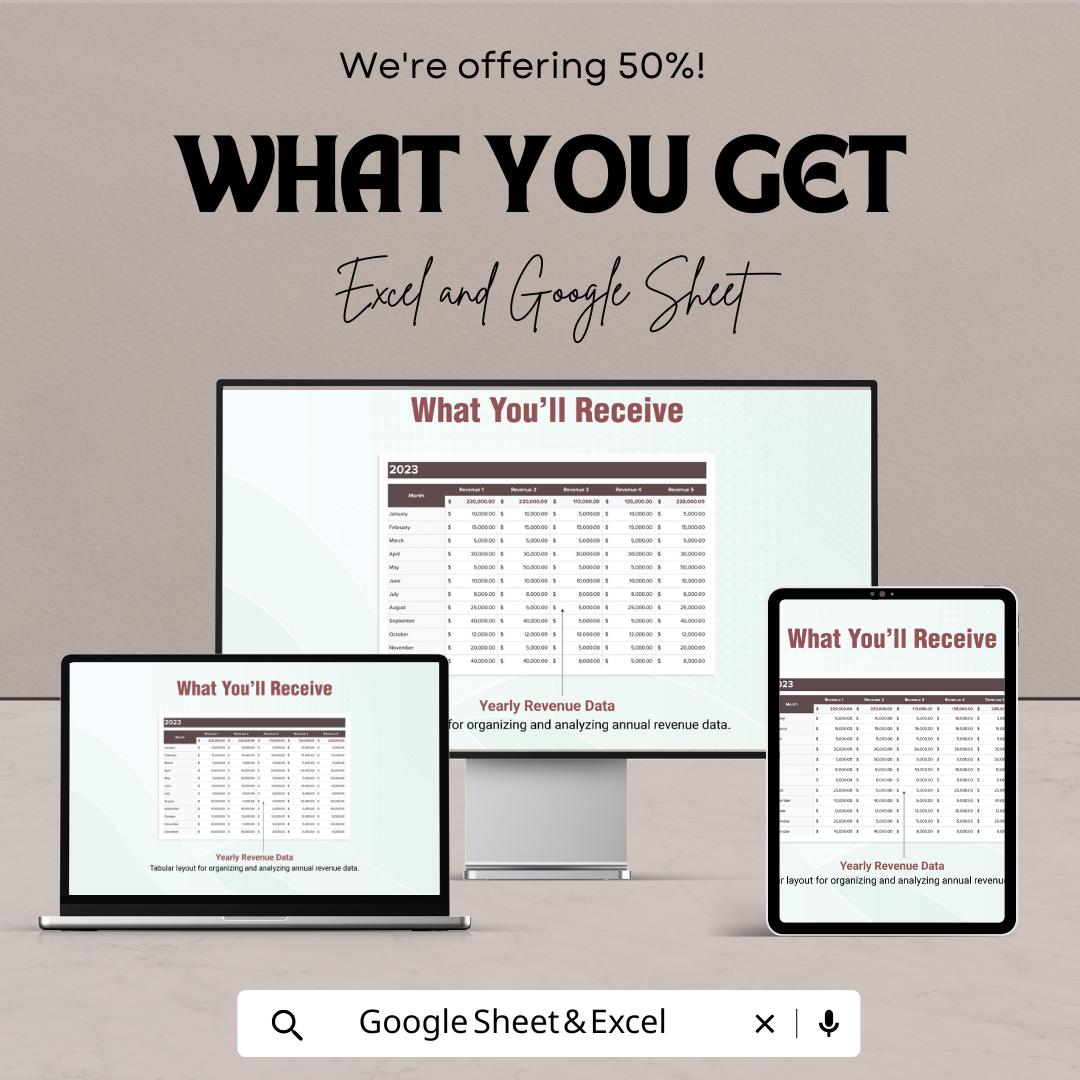 Finance Revenue Trend Analysis Template | Excel & Google Sheets | Revenue Dashboard | Sales Trend Tracker Spreadsheet