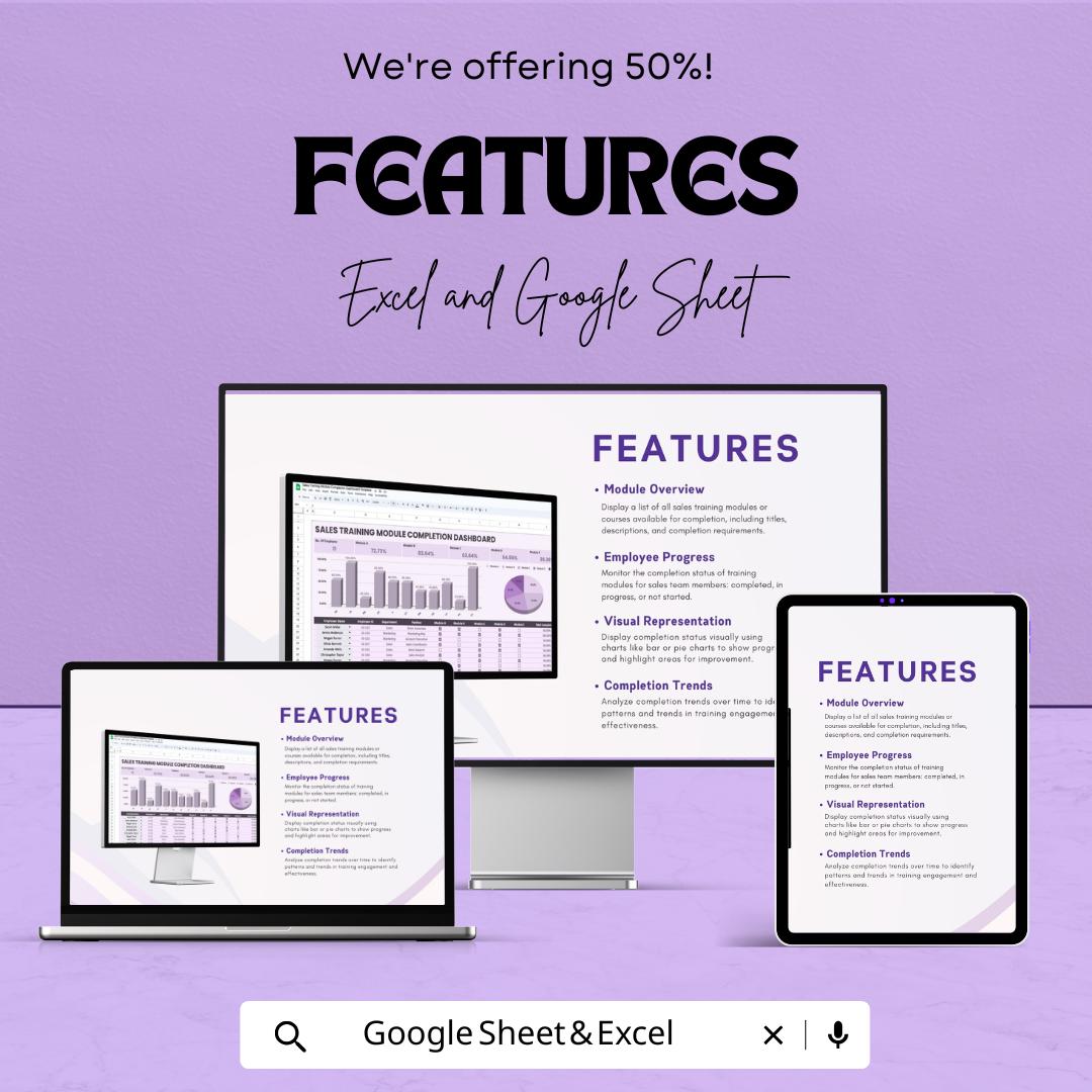 Sales Training Module Completion Dashboard Template | Excel and Google Sheet | Auto-Calculated & Formulated | Employee Training Tracker