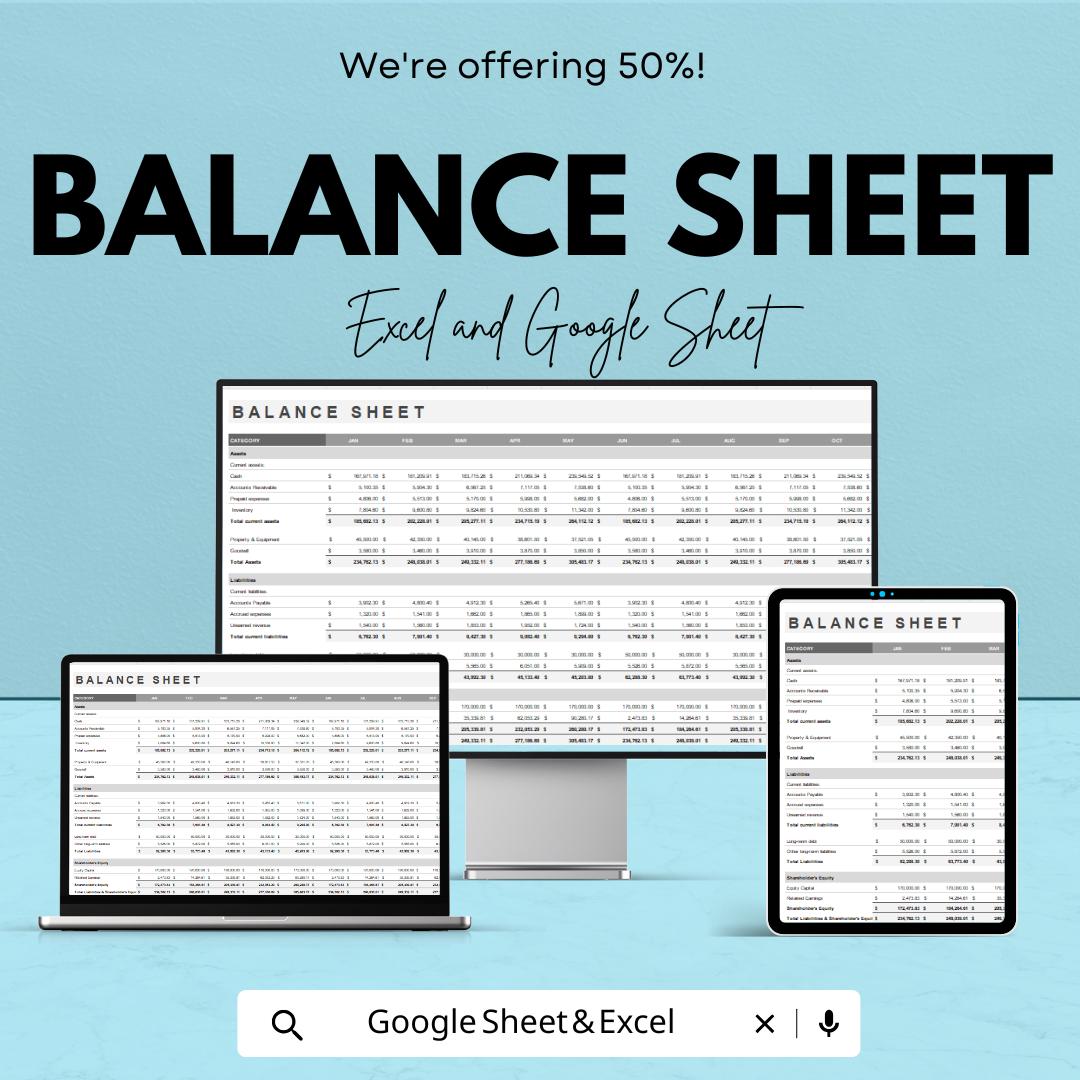 Balance Sheet Template for Excel & Google Sheets – Financial Management Tool | Track Assets, Liabilities, and Equity | 50% Off Now!