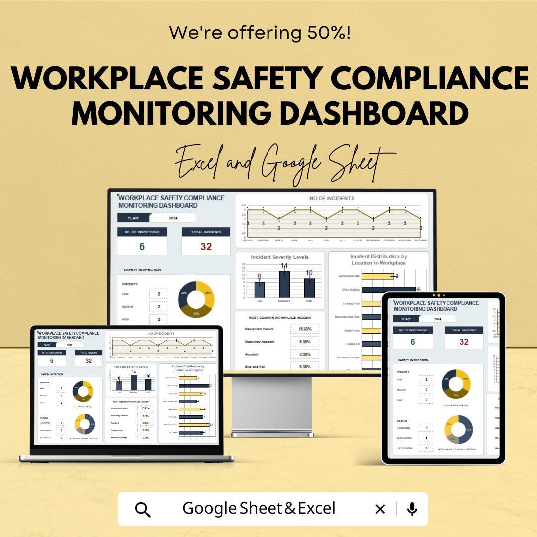Workplace Safety Compliance Monitoring Dashboard Sheet | Google Sheet and Excel Template | Safety Tracking & Incident Management Tool