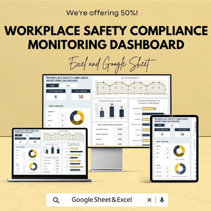 Workplace Safety Compliance Monitoring Dashboard Sheet | Google Sheet and Excel Template | Safety Tracking & Incident Management Tool