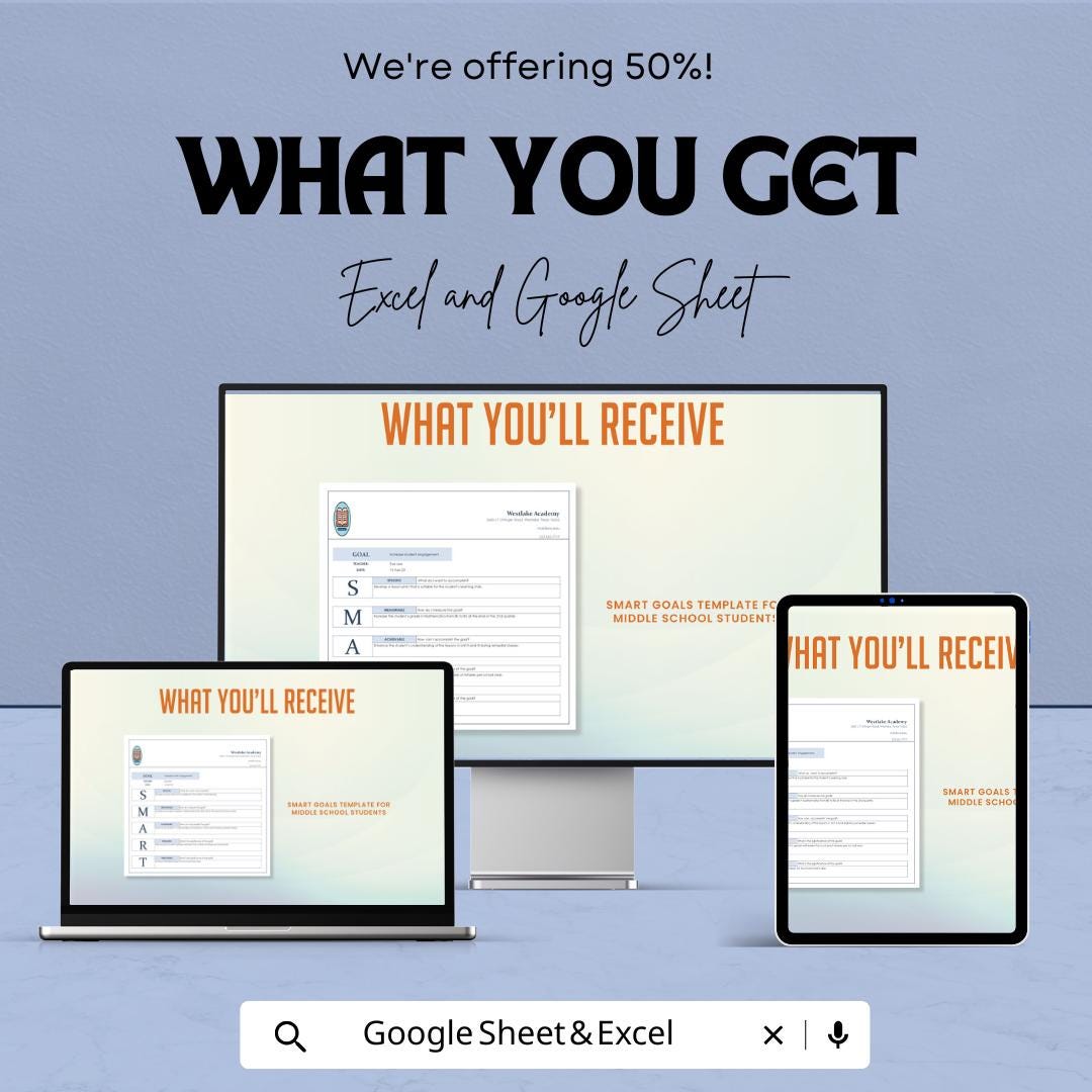 Smart Goals Template for Middle School Students | Goal Setting Worksheet | Academic Planner | Student Progress Tracker