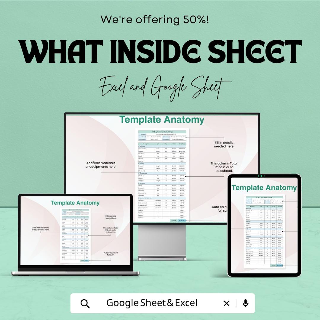 Editable Construction Cost Estimate Template | Construction Budget Spreadsheet | Building Cost Calculator | Excel & Google Sheets |