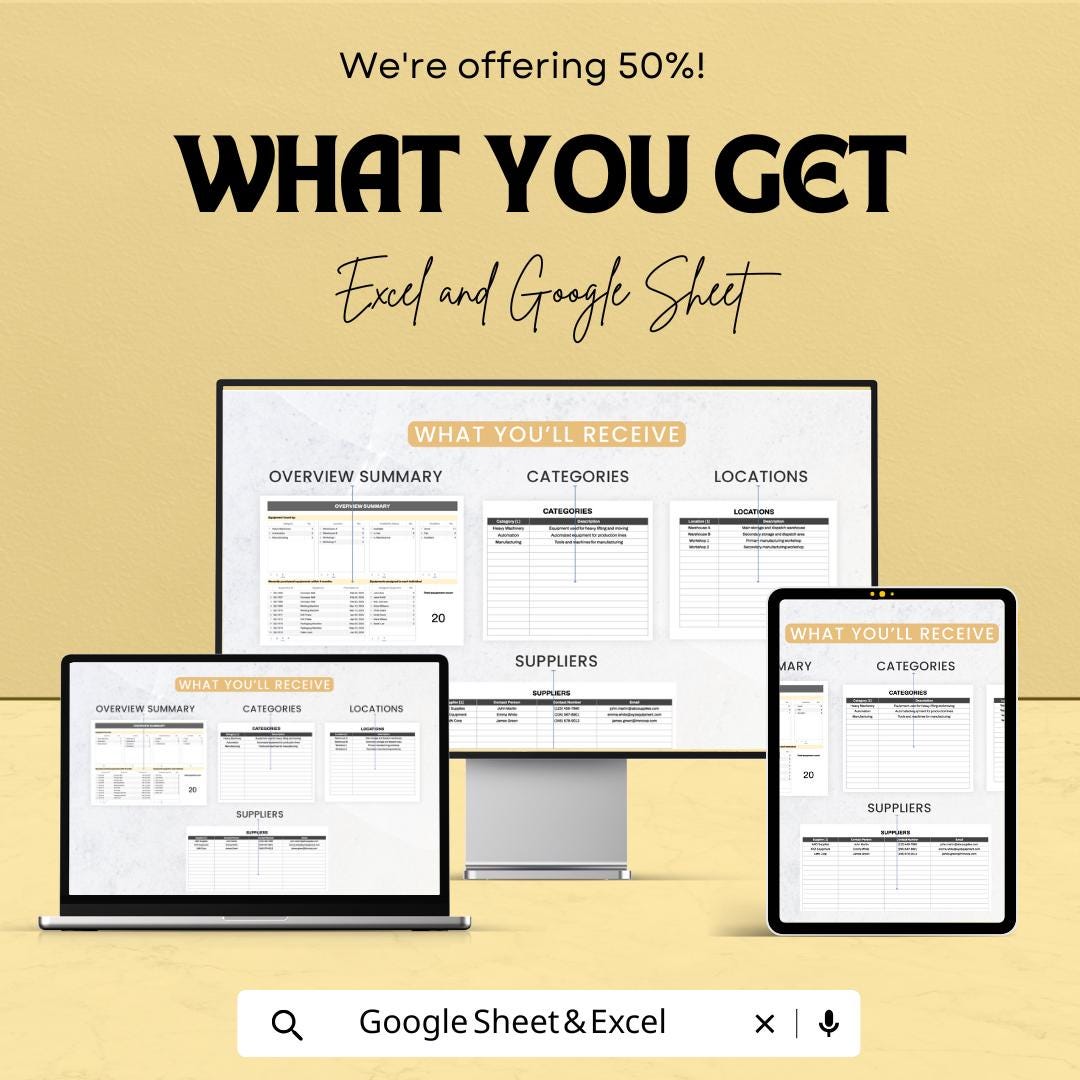 Operations Equipment Inventory Management Sheet | Excel and Google Sheets | Asset Tracking Log | Maintenance and Condition Report |