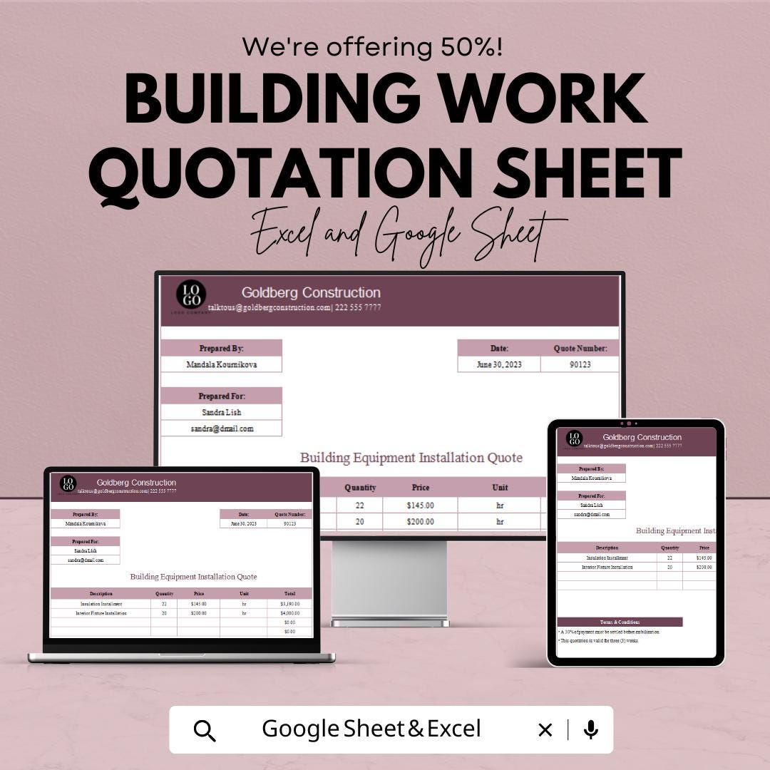 Building Work Quotation Sheet Template | Excel & Google Sheets | Construction Quote Form | Contractor Estimate | Digital Download