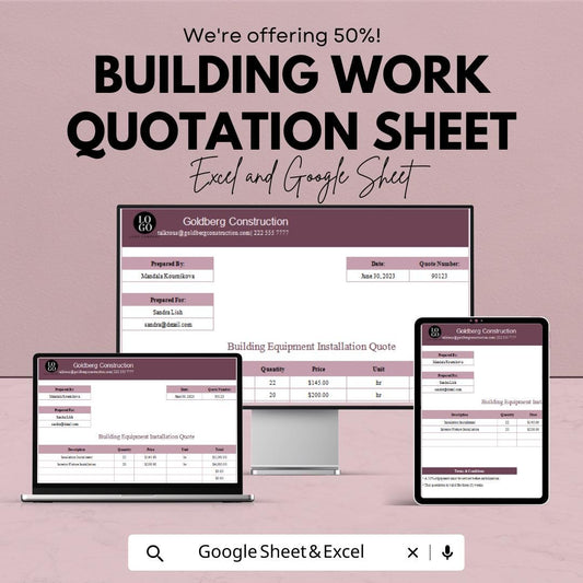 Building Work Quotation Sheet Template | Excel & Google Sheets | Construction Quote Form | Contractor Estimate | Digital Download