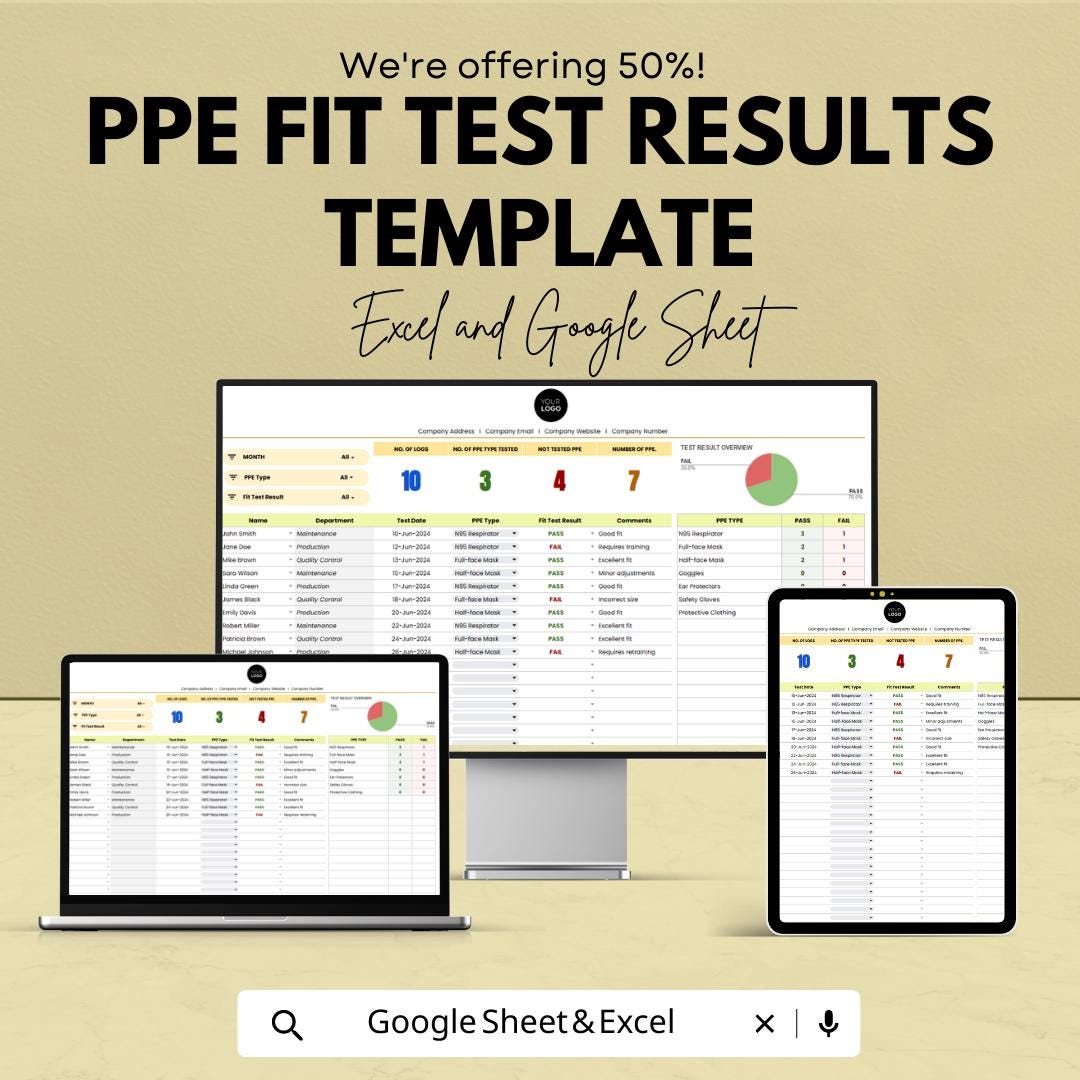 PPE Fit Test Results Template Excel & Google Sheets | Respirator Fit Test Log | Safety Compliance Tracker | PPE Testing Record Sheet