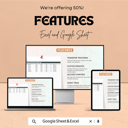 Secure Document Transfer Log, Admin Document Tracker, Document Control Log, Office File Transfer Sheet, Excel & Google Sheets