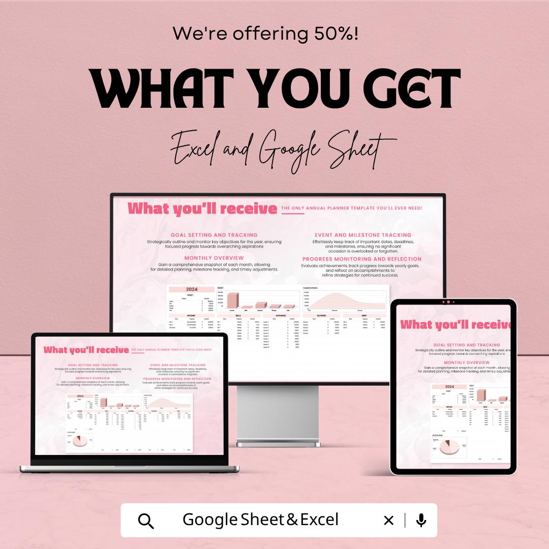 Annual Planner Template | Yearly Budget Planner | Goal Tracker Spreadsheet | Financial Planner | Digital Planner