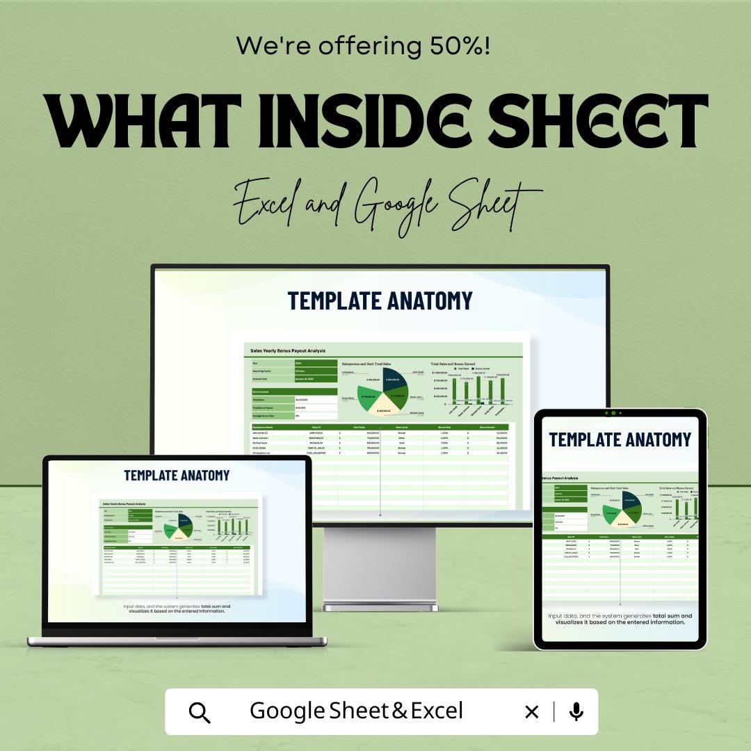 Sales Yearly Bonus payout Analysis Template | Bonus Tracking Spreadsheet | Sales Compensation Report | Google Sheets | Year-End Bonus