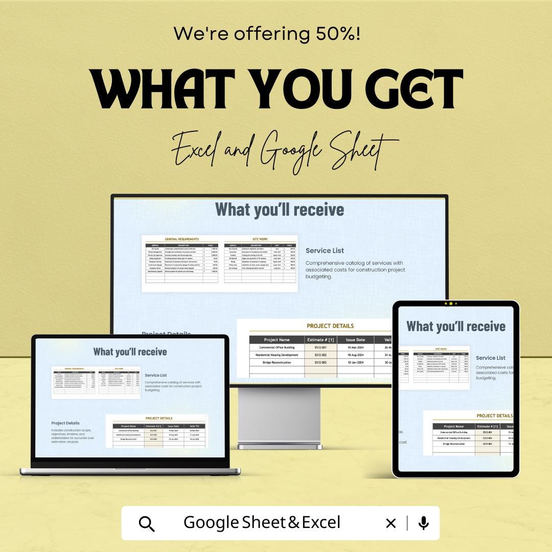 Construction Cost Estimate Template | Excel & Google Sheets | Building Cost Estimator | Contractor Budget Spreadsheet