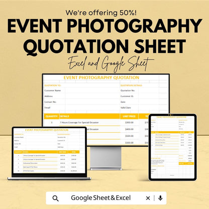 Event Photography Quotation Sheet | Excel & Google Sheets Template | Photography Service Quote | Professional Event Photography Estimate |