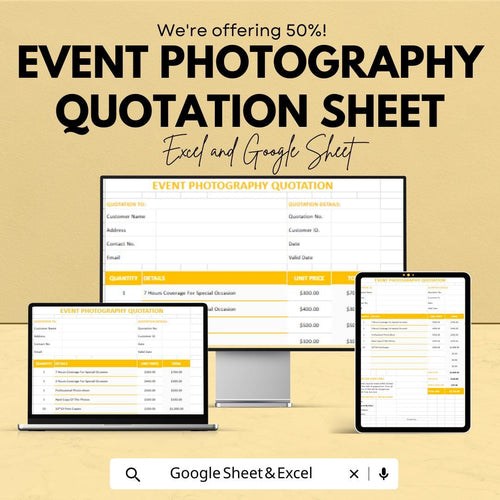 Event Photography Quotation Sheet | Excel & Google Sheets Template | Photography Service Quote | Professional Event Photography Estimate |