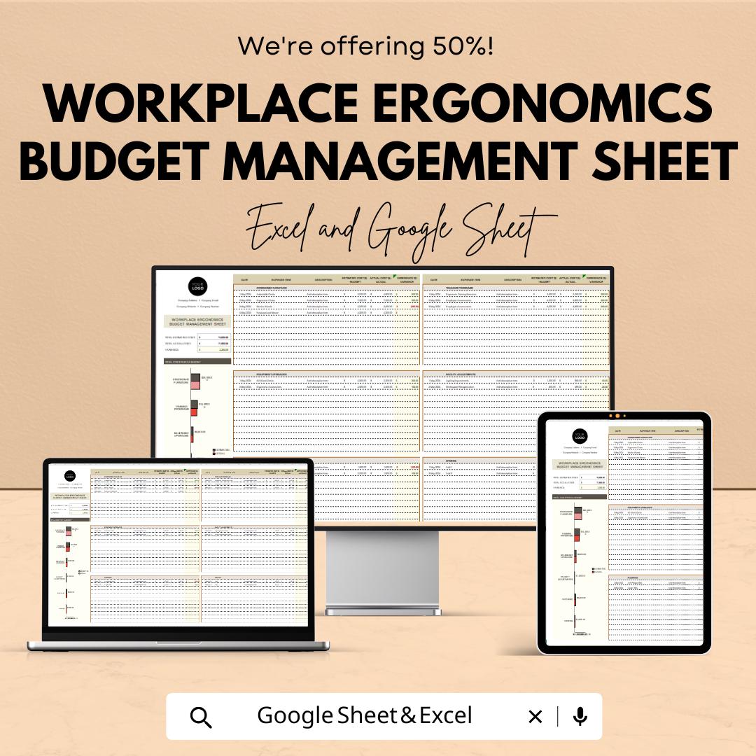 Workplace Ergonomics Budget Management Sheet | Excel and Google Sheets Template | Budget Planning for Office Safety & Comfort