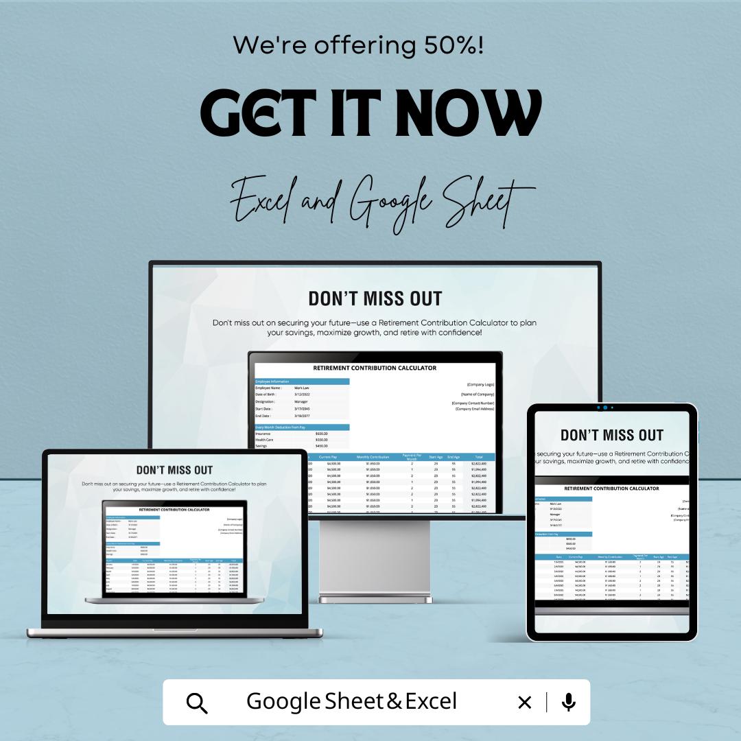 Retirement Contribution Calculator Template | Savings Projection Workbook | Investment Growth Calculator | Editable Financial Planner