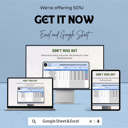 Administration Meeting Vote Tally Sheet Template,  Voting Tracker, Agenda Vote Record, Board Meeting Decision Spreadsheet