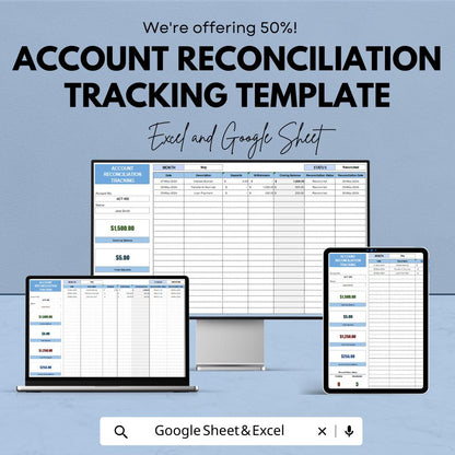 Account Reconciliation Tracking Template | Reconciliation Tracker | Account Balance Log | Transaction Tracker | Finance Spreadsheet