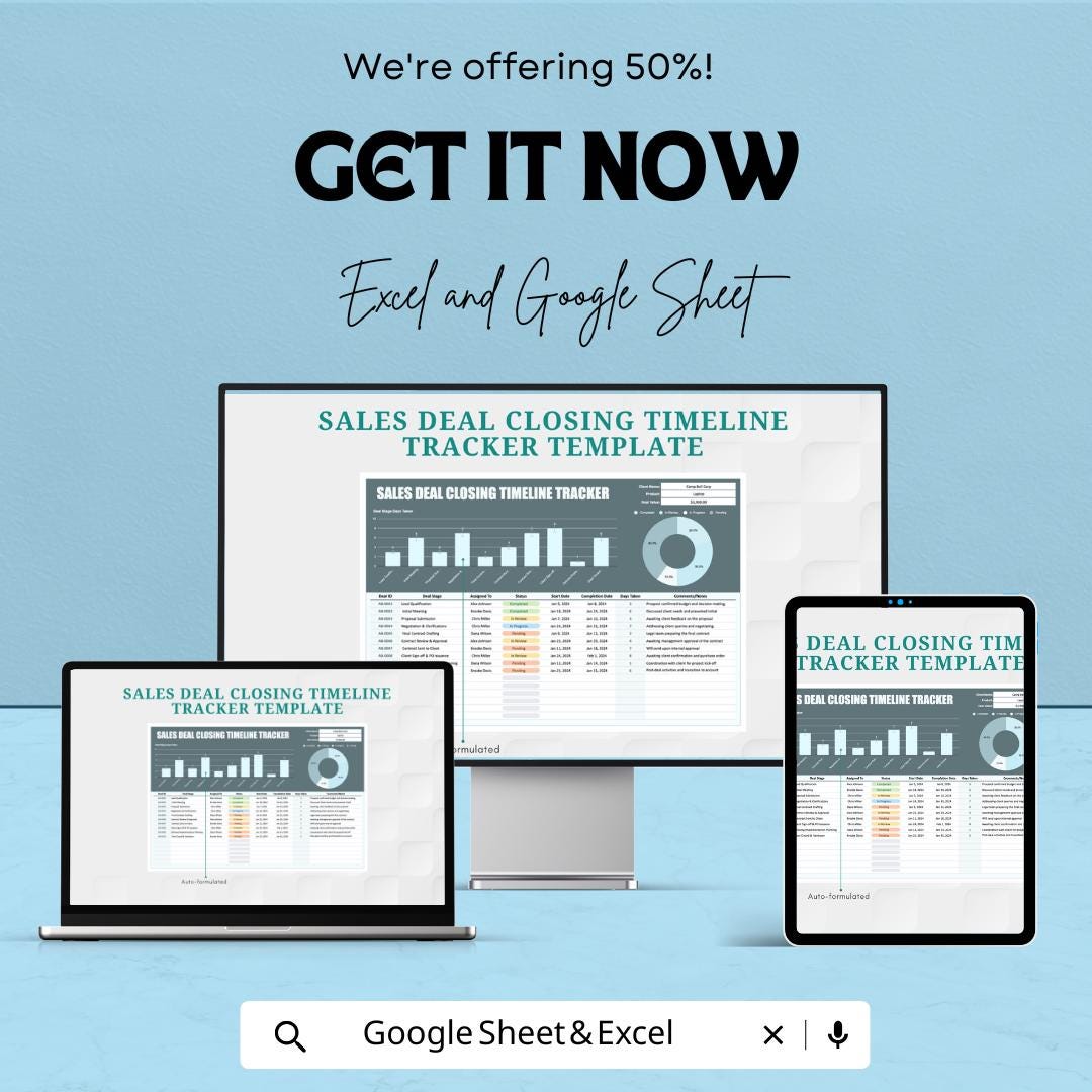 Sales Deal Closing Timeline Tracker Sheet - Excel & Google Sheets Template | Sales Deal Progress Tracker | Closing Rate Monitor for 2024