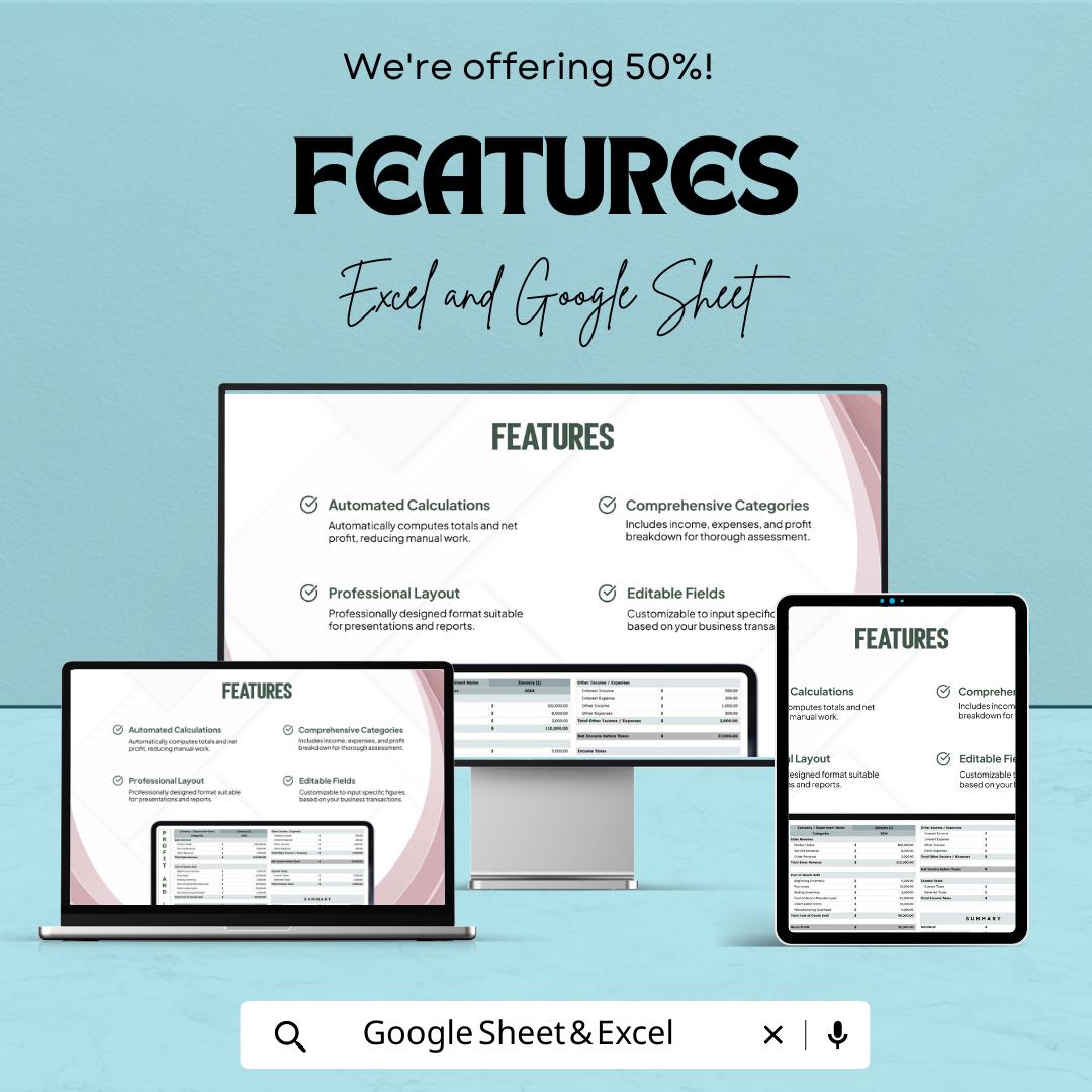 Profit and Loss Format Template | PandL Statement Format | Income Expense Tracker | Excel & Google Sheets