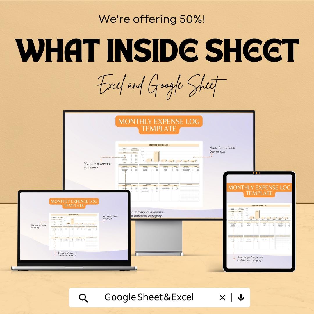 Monthly Expense Log Sheet - Excel & Google Sheets Budget Tracker for Personal Finance, Monthly Budget Tracker, Expense Management
