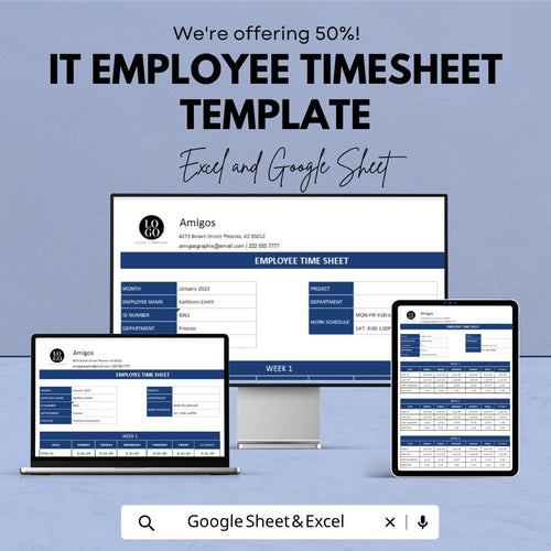 IT Employee Timesheet Template | Project Time Tracking Spreadsheet | Weekly Timesheet | IT Work Log | Staff Time Tracker