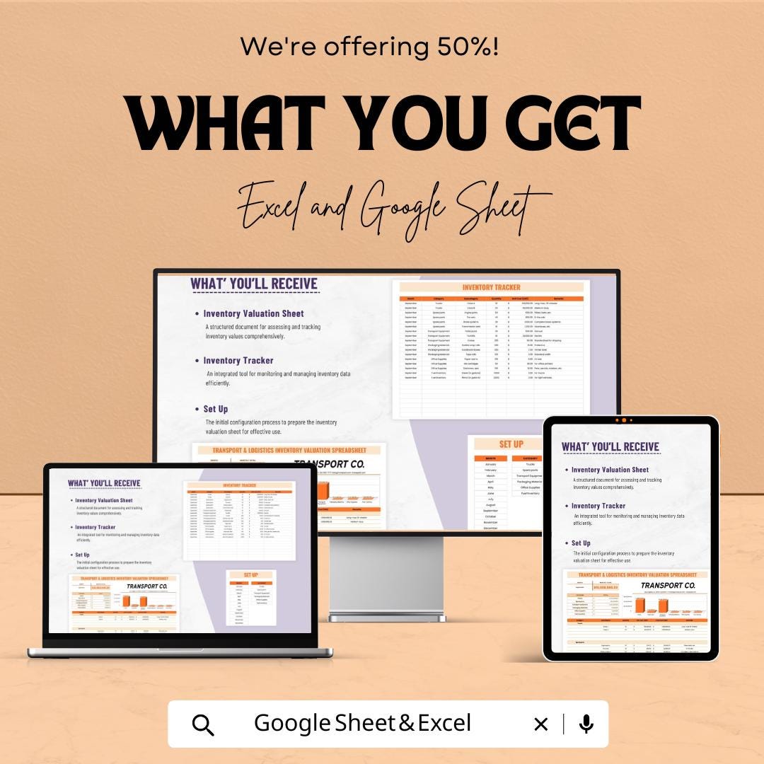 Transport and Logistics Inventory Valuation Spreadsheet Template | Excel and Google Sheets | Inventory Tracker & Valuation Dashboard