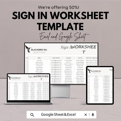 Sign In Worksheet Template | Employee Attendance Tracker | Event Sign In Sheet | Business Registration Form | Printable Log Sheet