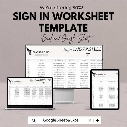 Sign In Worksheet Template | Employee Attendance Tracker | Event Sign In Sheet | Business Registration Form | Printable Log Sheet