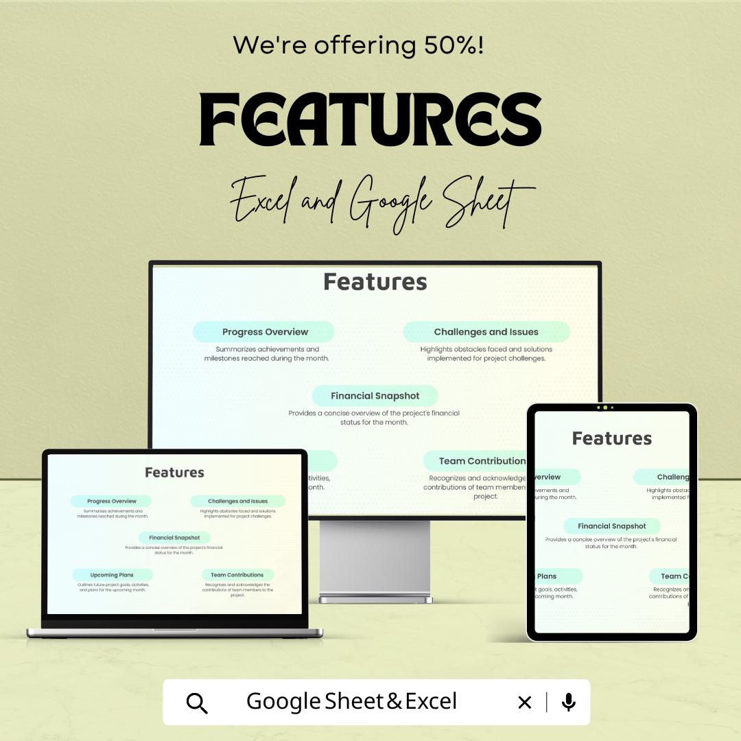 Monthly Project Report Sheet | Excel & Google Sheets Template | Project Tracking, Budgeting, Milestone Monitoring | 50% Off