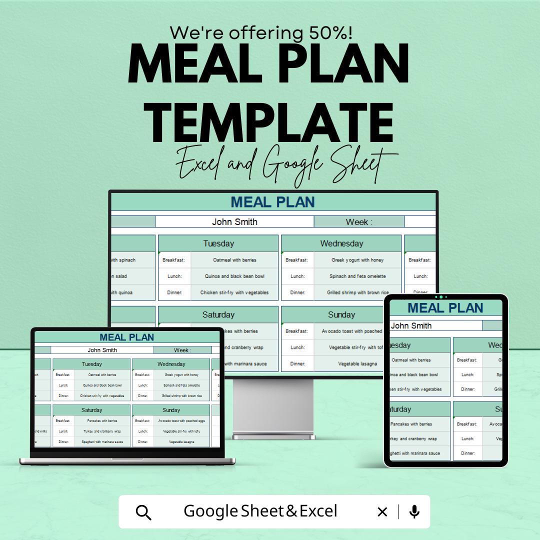 Meal Plan Template | Nutrition & Diet Tracker | Food Planning Spreadsheet | Healthy Lifestyle Organizer | Editable Template