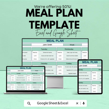 Meal Plan Template | Nutrition & Diet Tracker | Food Planning Spreadsheet | Healthy Lifestyle Organizer | Editable Template