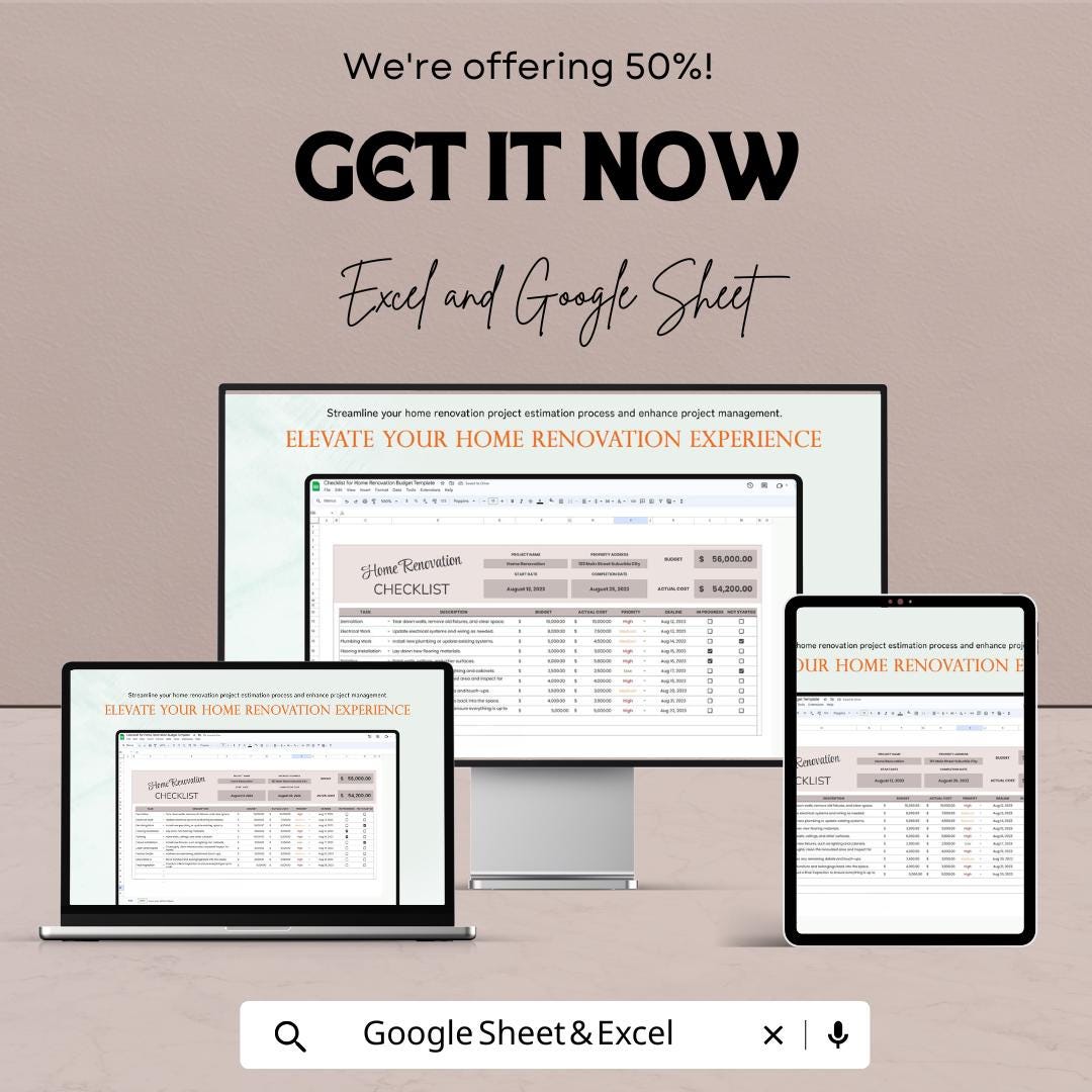 Home Renovation Budget Checklist for Excel and Google Sheets - 50% Off - Project Management & Estimation Tool