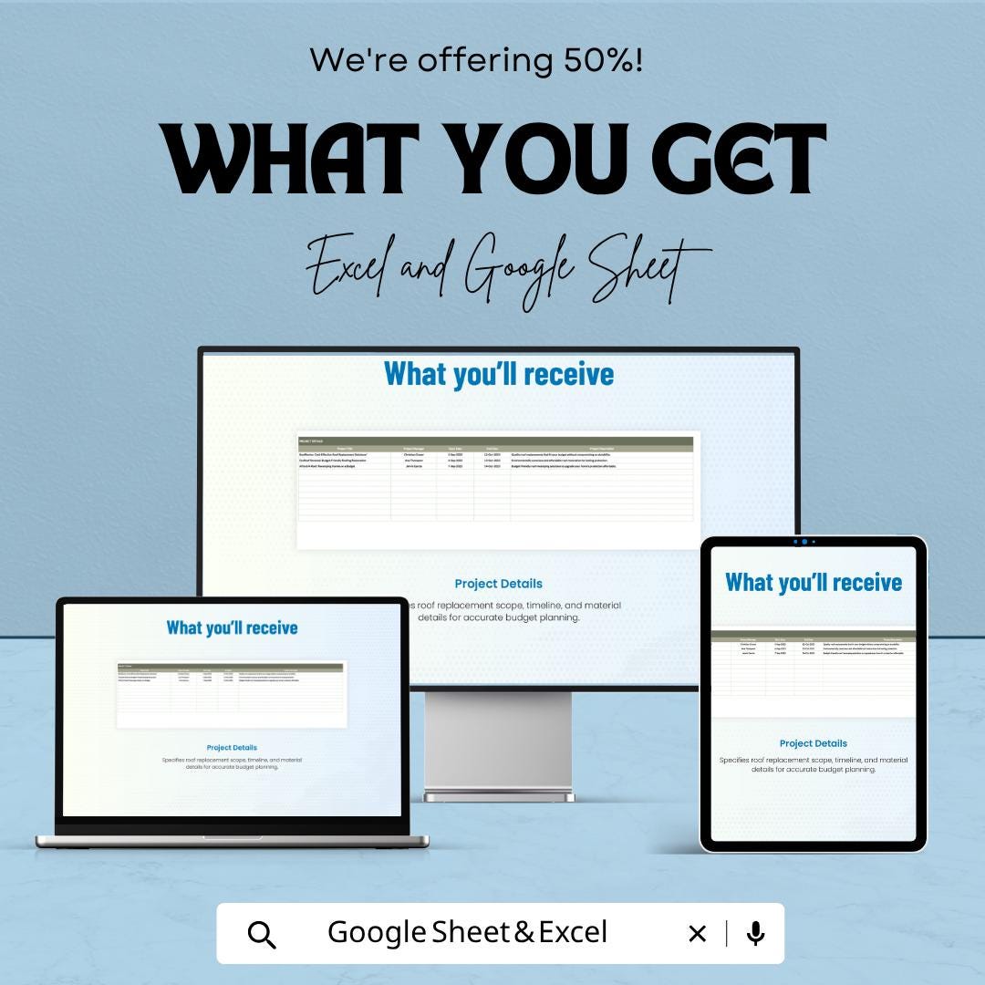 Roof Replacement Budget Template | Roofing Cost Estimator Spreadsheet | Roof Project Budget Planner | Excel & Google Sheets |