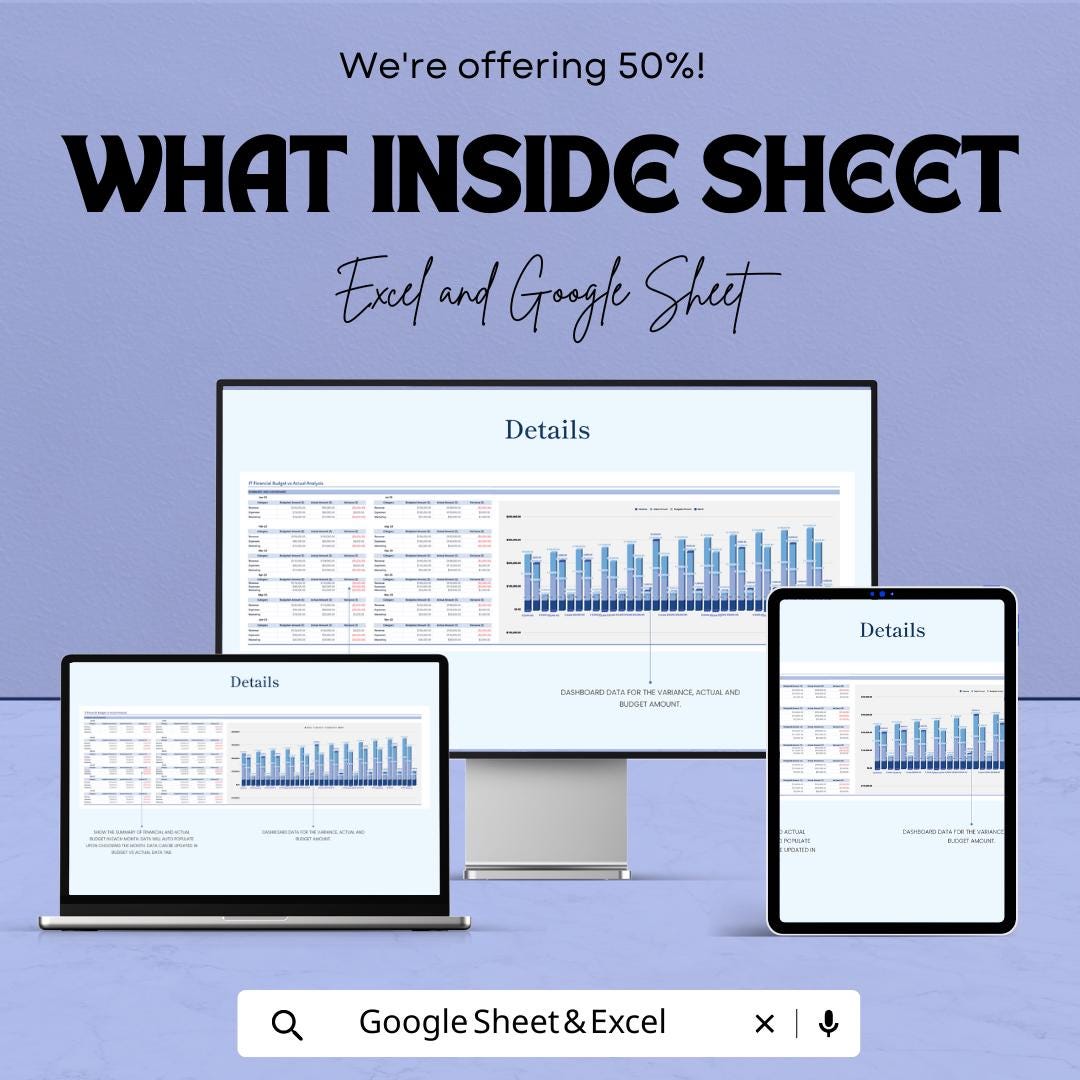 IT Financial Budget vs Actual Analysis Template | IT Budget Spreadsheet | Monthly Variance Report | Excel & Google Sheets Dashboard
