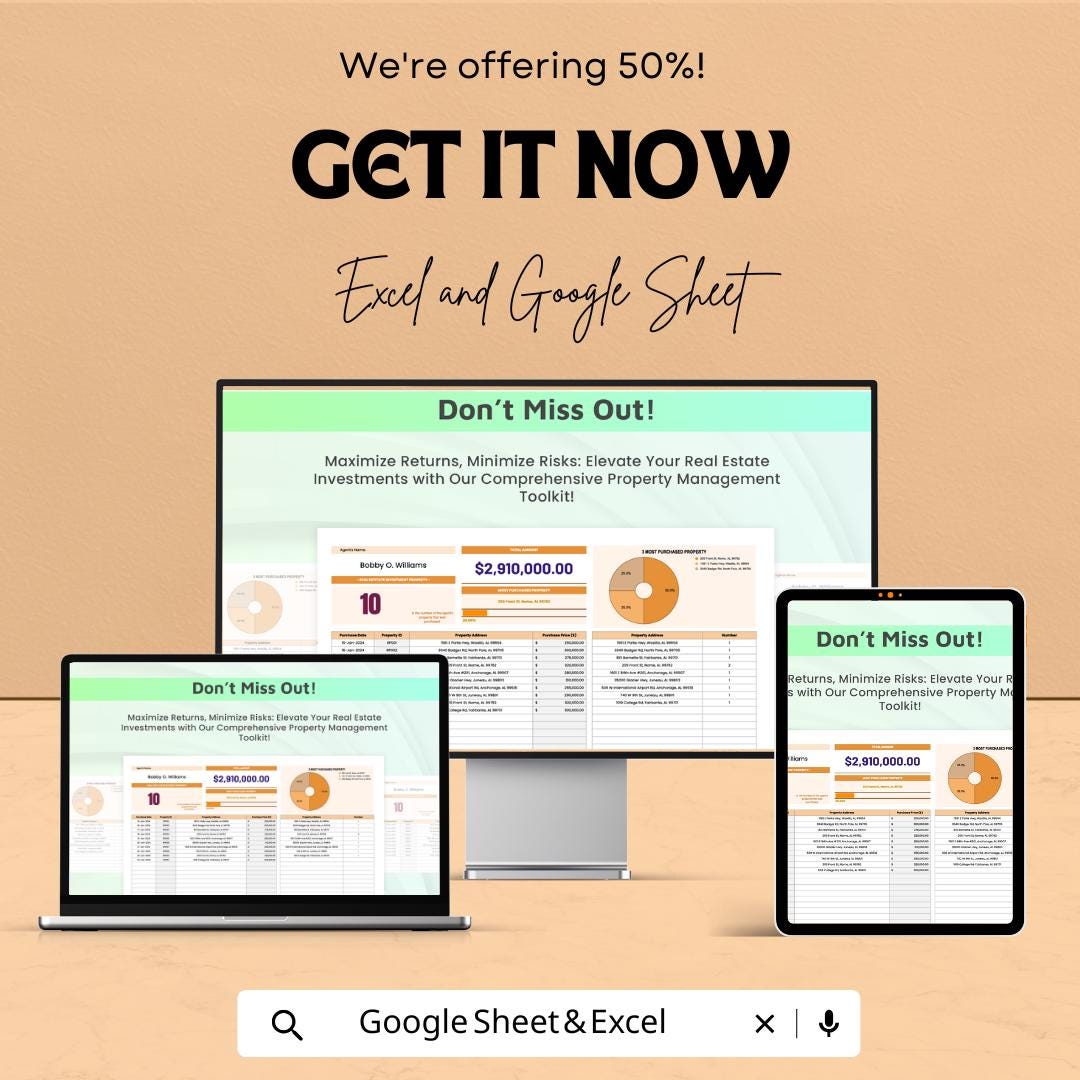 Real Estate Investment Property Sheet – Excel and Google Sheet Template – Property Management, Financial Analysis & Expense Tracking –