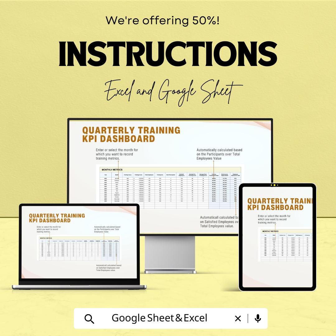 Quarterly Training KPI Dashboard HR | Excel & Google Sheet | Employee Performance Tracker | HR Metrics | Instant Download