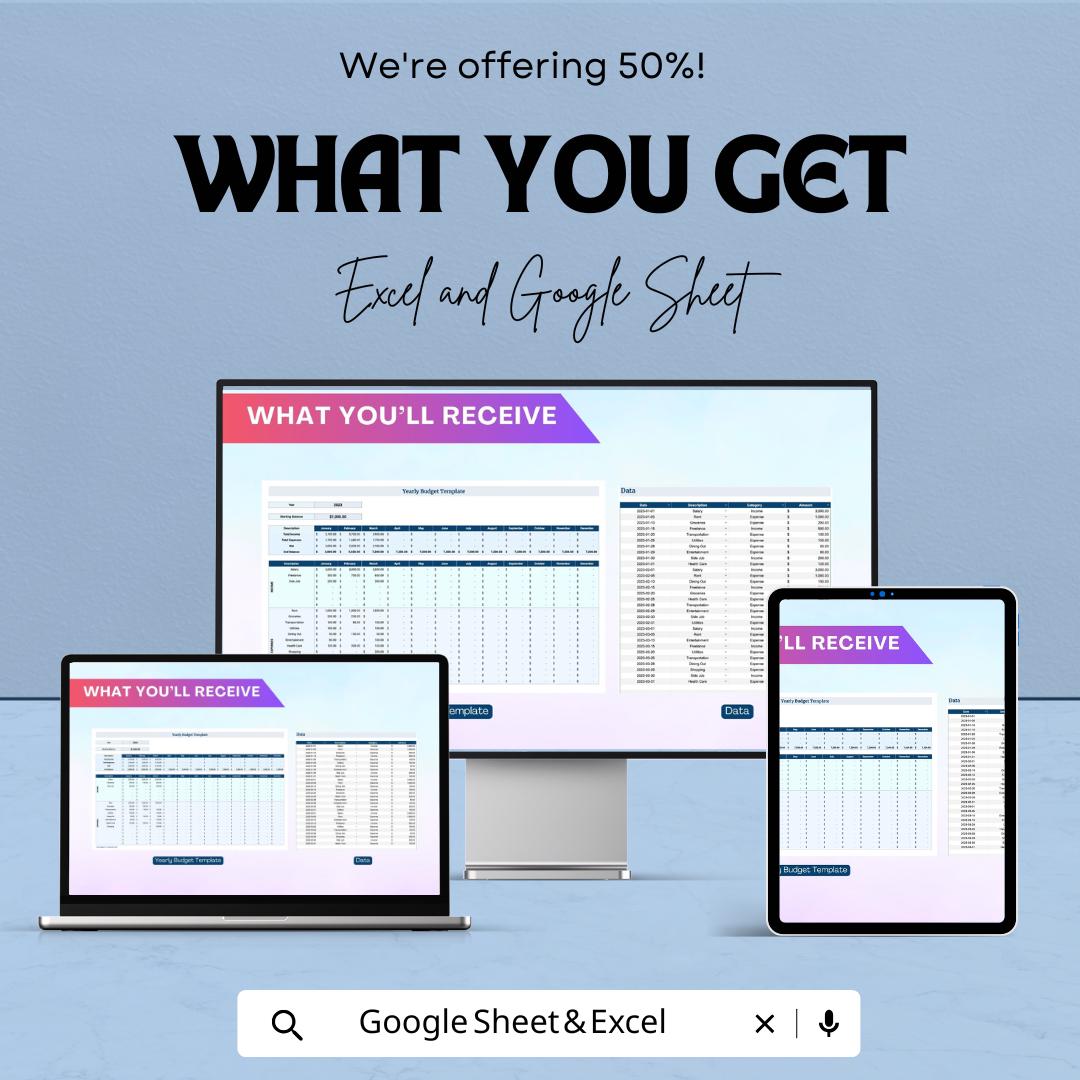 Yearly Budget Template | Excel & Google Sheets Annual Budget Planner | Personal Finance Tracker | Budget Spreadsheet