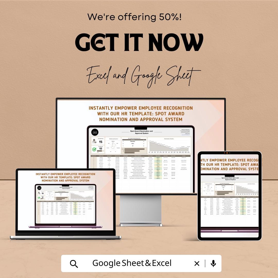 Spot Award Nomination and Approval System HR Template | Employee Recognition Tracker | Excel & Google Sheets HR Tool